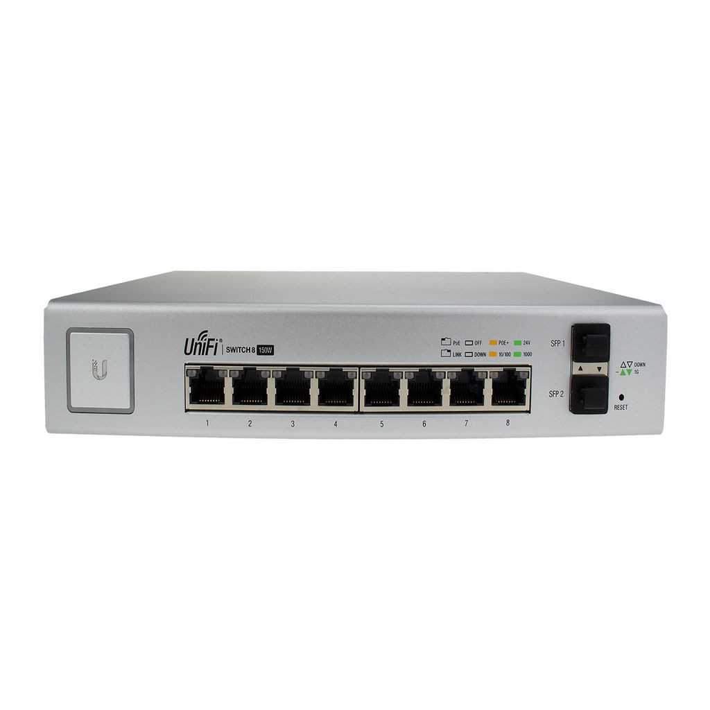 Der Ubiquiti UniFi Switch ist ein leistungsfähiger Netzwerk-Switch für den Einsatz daheim oder im kleinen Büro. Weshalb ist der Ubiquiti UniFi Switch US-8-150W so besonders? Der lüfterlose UniFi PoE+ Gigabit Switch arbeitet völlig lautlos und ist dennoch sehr leistungsstark. Er versorgt Geräte mit Active- sowie Passive-POE (IEEE 802.3af / IEEE 802.3at / 24 Volt passive) zuverlässig mit Strom. Die 2 SFP Ports sind in der Lage